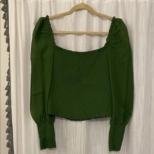 Reformation Forest Green Smocked Blouse